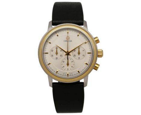 OMEGA HerrenarmbanduhrDe Ville Chronograph von 1998 in Stahl/Gold mit Goldlünette und schwarzem Armband.Uhrwerk Handaufzug mi