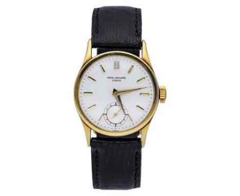 PATEK PHILIPPE HerrenarmbanduhrModell Calatrava von ca. 1947-1950 in Gelbgold 18K mit dunkelbraunem Lederbandund vergoldeter 