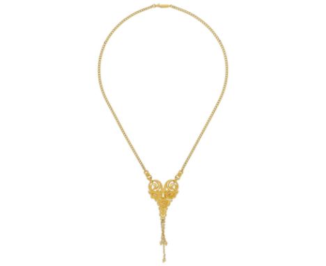 Gold-CollierVerspieltes Design in Gelbgold 24K/Verschluss 14K.Schöne Arbeit mit herzförmigem Rosenbouquet an Panzerkette.Läng