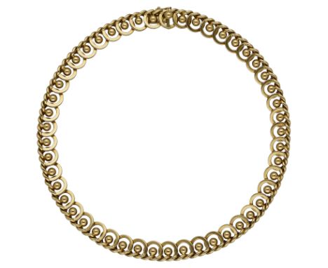 Gold-CollierCollier poliert in Gelbgold 18K mit sehr schönem Fantasie-Muster.Länge 42 cm, Breite 5 mm, 50,1 g.