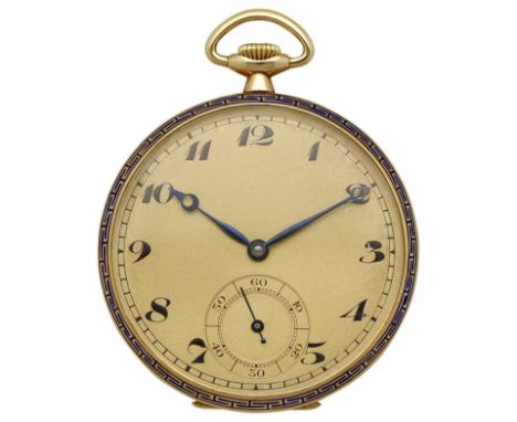 Gold-TaschenuhrElegante Taschenuhr mit blauem Meandermuster in Email/Gelbgold 18K.Uhrwerk Handaufzug mit goldfarbenem Zifferb