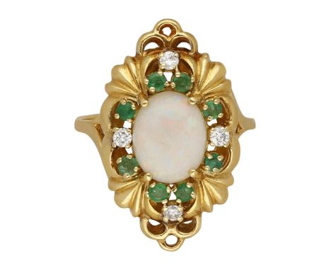 Opal-Diamant-Smaragd SetFarbenprächtiges Schmuckset bestehend aus Ring und Ohrringen in Gelbgold 18K.Der Ring mit einem Edelo