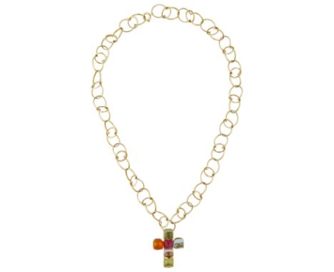 Farbstein-Kreuz mit KetteFarbenfrohes Ensemble in Gelbgold 18K.Feiner Farbstein-Anhänger in Kreuz-Form signiert Bucherer mit 