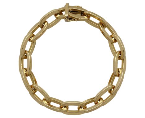 Gold-BraceletModernes Design in Gelbgold 18K. Offenes Rundanker-Bracelet massiv und poliert.Länge 21 cm, Breite 1 cm, 56,9 g.