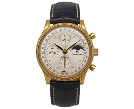 CHRONOSWISS Herrenarmbanduhr Chronograph vergoldet 10 Mikron mit vergoldeter Lünette und blauem Lederband mit vergoldeter Dor