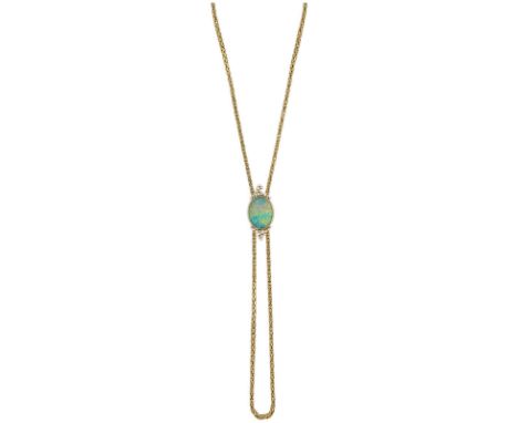 Opal-Brillant-CollierLeuchtstarkes Schmuckstück, signiert A.Kurz in Gelbgold 18K.An Königskette, ein aufklappbares Mittelstüc