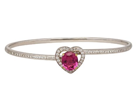 Rhodolith-Brillant-ArmreifNeuwertiges Design in Weissgold 18 K/Fassung Gelbgold 18K.Blickfang ist ein ovaler Rhodolith/Granat