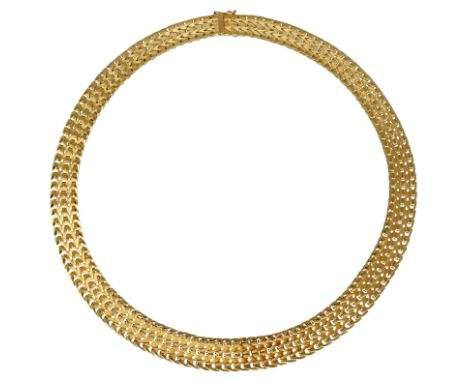 Gold-CollierModernes Design in Gelbgold 18K, schauseitig mattierte sowie polierte Elemente im Verlauf.Länge 43 cm, Breite 9-1