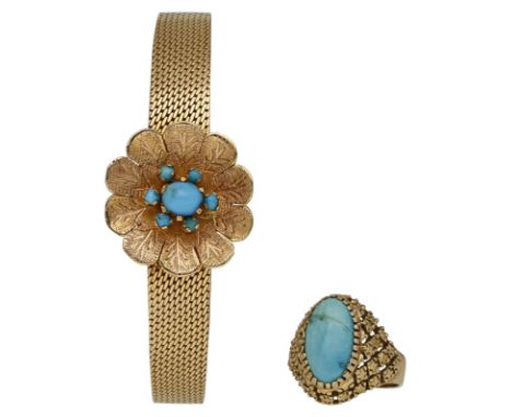 Türkis-SchmucksetHübsches Set in Gelbgold 18K, bestehend aus einem Armband und einem Ring.Das Armband im Milanaise-Muster mit