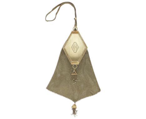 Gold-TascheSehr schöne Goldflecht-Tasche, 19. Jh. mit kleinen Perlen und Saphiren von zus. ca. 1 ct in Gelbgold 14K.Mit integ