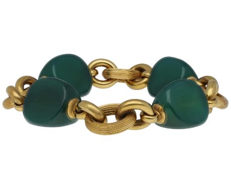 Achat-Gold-ArmbandEdles Schmuckstück in Gelbgold 18K im Ankermuster mit grün gefärbten Achaten.21 cm, 50 g.