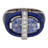 Saphir-Brillant-Ring Moderner Cocktailring in Weissgold 18K. Als Blickfang 2 unbehandelte Ceylon-