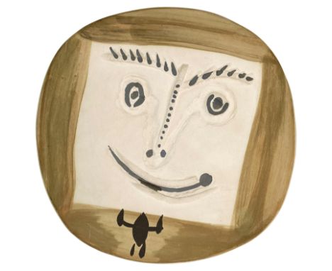 (*) Keramik-Teller mit Gesichtsmotiv "Visage à la Cravate" von Pablo Picasso, 1960. Durchmesser 25 cm. Signiert und nummerier