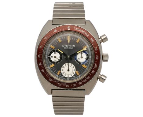 ETERNA HerrenarmbanduhrChronograph in Stahl mit Tachymeter/Drehlünette in Bordeaux und Stahlband.Uhrwerk Handaufzug mit graue
