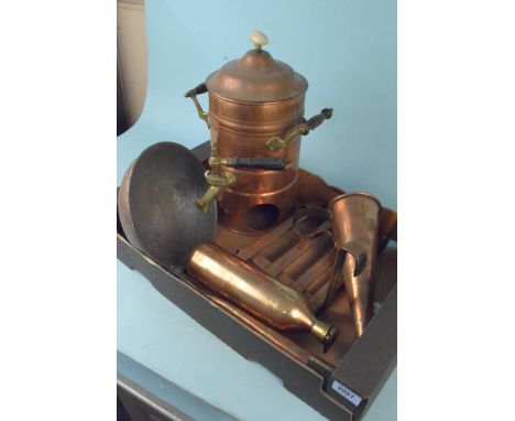 A copper hot water urn, a large copper ladle (handle missing), a copper hot water flask, a copper ale mull, a copper hearth b