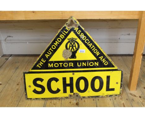 A vintage 'The Automobile Association and Motor Union' yellow enamel road sign featuring 'School', 66cm x 54cm