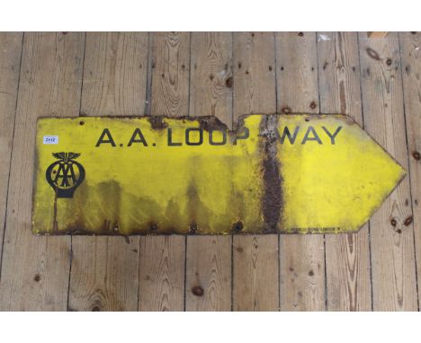 A double sided vintage Automobile Association yellow enamel road sign featuring 'AA Loop Way', 96cm x 31cm
