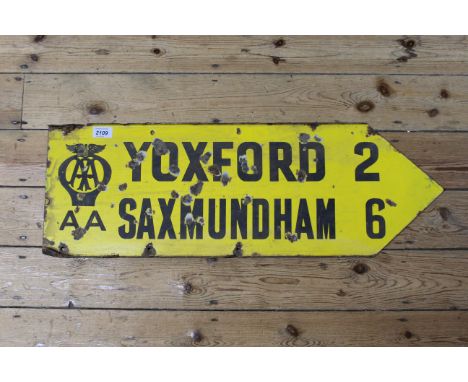 A double sided vintage Automobile Association yellow enamel road sign featuring Yoxford and Saxmundham, 76cm x 26cm