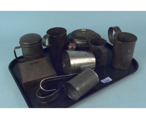Assorted tin cups and measures including a spice tin and a cased spice grinder