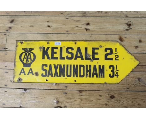 A double sided vintage Automobile Association yellow enamel road sign featuring Kelsale and Saxmundham, 76cm x 26cm