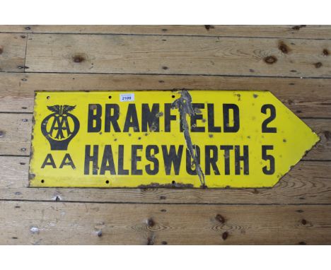 A double sided vintage Automobile Association yellow enamel road sign featuring Bramfield and Halesworth, 76cm x 26cm