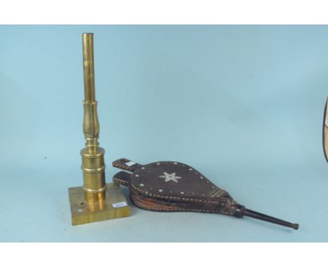 A brass lamp base and a large pair of elm bellows with mother of pearl inlay