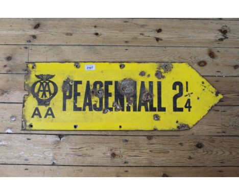 A double sided vintage Automobile Association yellow enamel road sign featuring Peasenhall, 76cm x 26cm