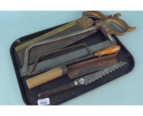 A vintage Mathieson &amp; Son brass backed tenon saw, a butchers saw by Tyzack &amp; Son Sheffield, a boxwood handled hacksaw