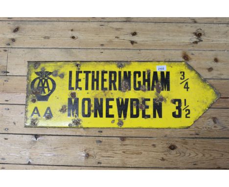 A double sided vintage Automobile Association yellow enamel road sign featuring Letheringham and Monewden, 76cm x 26cm