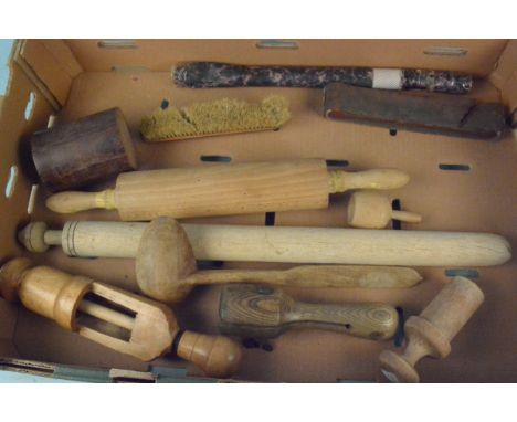 A selection of wooden items including rolling pins, ladle, butter mould, clamps, turned box, stopper etc