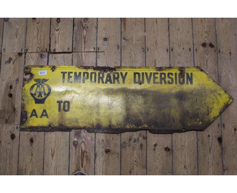 A double sided vintage Automobile Association yellow enamel road sign featuring 'Temporary Diversion To......', 96cm x 30cm