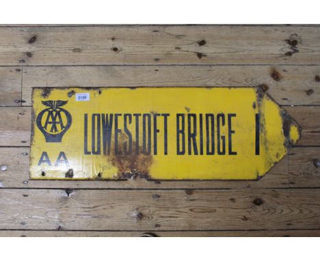 A double sided vintage Automobile Association yellow enamel road sign featuring Lowestoft Bridge, 76cm x 26cm