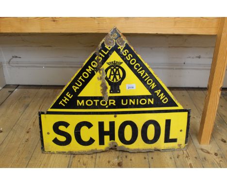 A vintage 'The Automobile Association and Motor Union' yellow enamel road sign featuring 'School', 66cm x 54cm