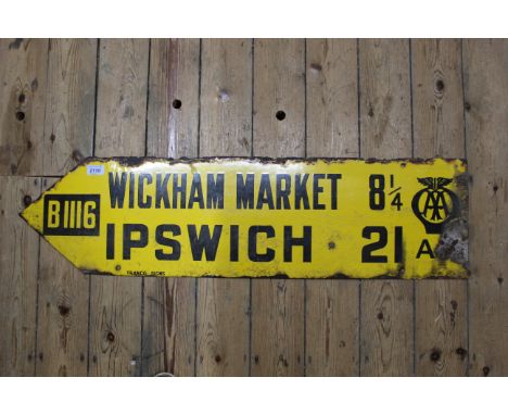 A single sided vintage Automobile Association yellow enamel road sign featuring Wickham Market and Ipswich, 96cm x 26cm