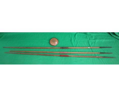 Vintage wooden discus and three wooden javelins 
