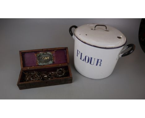 Enamel bin together with a carved box full of antique keys 