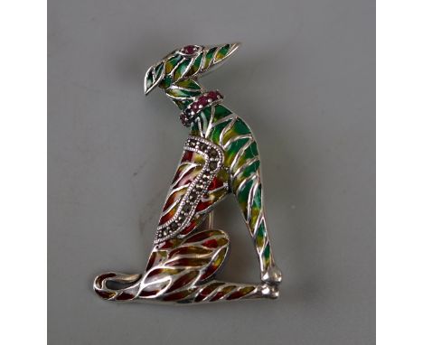 Silver, enamel and ruby dog brooch 