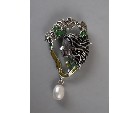 Silver and enamel pearl drop brooch 