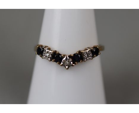 Gold sapphire and diamond wishbone ring - Approx size: P 