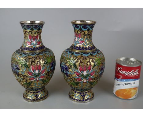 Pair of enamel and brass vases - Approx height: 21cm 