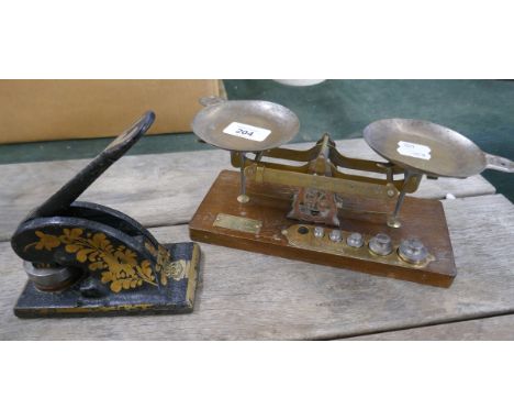 Set of antique Eastman Kodak studio balance scales together with one-off Oyez antique embossing machine 