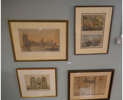 Collection of architectural prints to include Wales Cathedral and the Houses of Parliament 