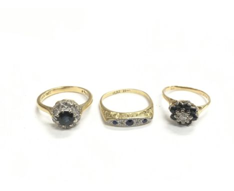 Three 18ct gold rings set with sapphires and diamonds, approx total weight 8g and approx sizes M, K-L and J.