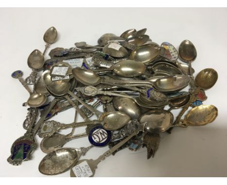 A large collection of silver spoons with enamel decoration city and town crests and others (a lot) weight 900g