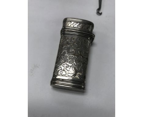 A Georgian silver needle work case together with two silver plated chatelaines and a caddy spoon .