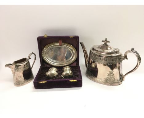 A cased silver plated three piece cruet set together with a silver plated Walker &amp; Hall teapot and milk jug (3).