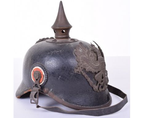 Scarce Prussian Enlisted Mans Ersatz Pickelhaube, the skull constructed from wire mess overlaid with shellac. Generally good 