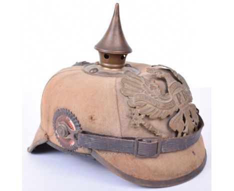 Ersatz M.95 Prussian Enlisted Mans Pickelhaube, canvas covered with four panelled cloth covering, all brass fittings, origina