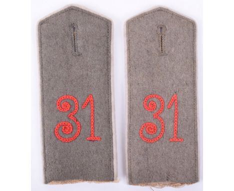 Matched Pair of Regiment 31 M.15 Field Grey Tunic Shoulder Boards, fine quality examples with white piped edges, red chain st