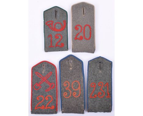 5x M07/14 Field Grey Tunic Shoulder Boards, consisting of green piped example with red chain stitched bugle above number 12; 